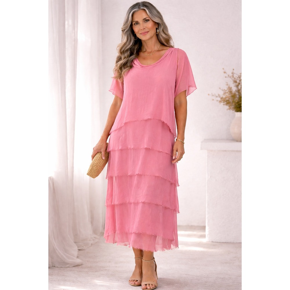 Via Vai Womens Dress Pink OS Layered Fray Hem Silk Italy Packable Wedding Resort